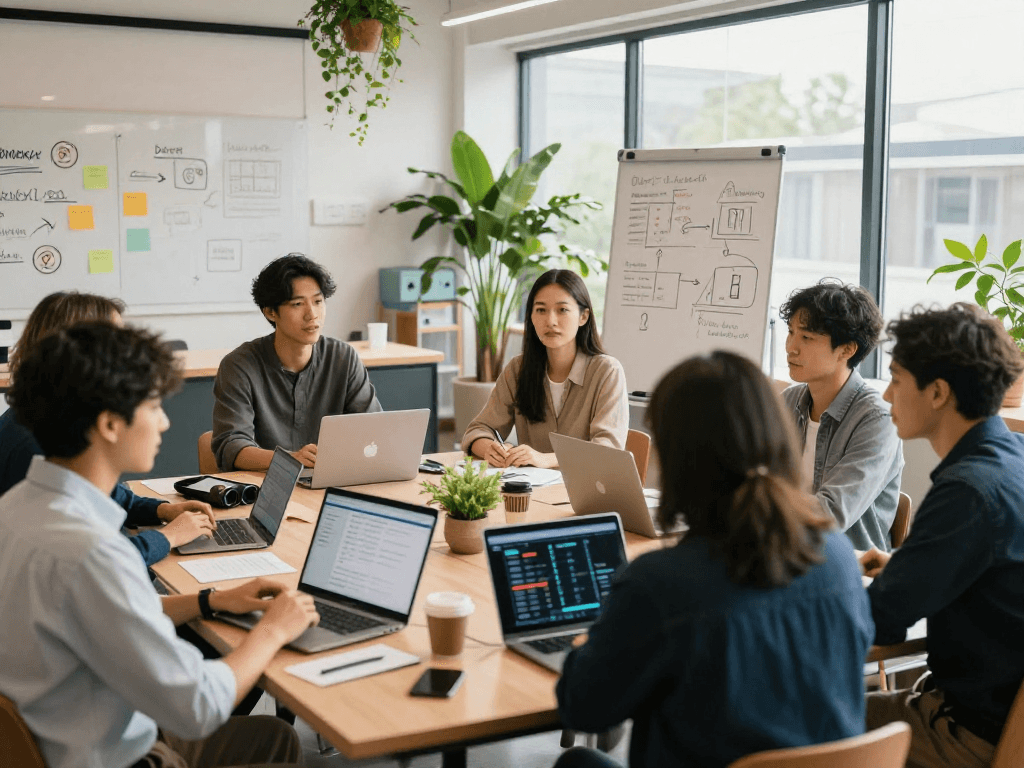 Professionals discussing strategies for XPAY33 australia in a vibrant co-working space with engaging visuals.