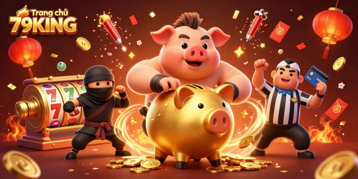 Experience the thrill of slots with Trang chủ 79KING's golden piggy bank and vibrant gaming elements.