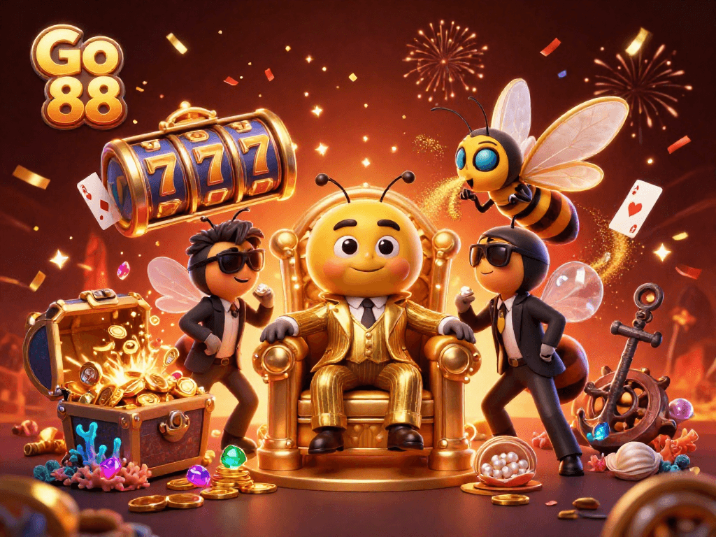 Engage with Go 88's vibrant casino scene featuring a mob boss bee amid thrilling slot elements