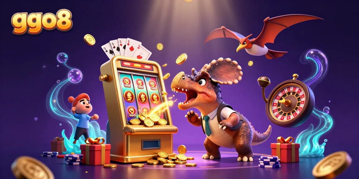 ggo8 thrills as a dinosaur strikes a slot machine amidst flying coins, capturing the excitement of online gaming