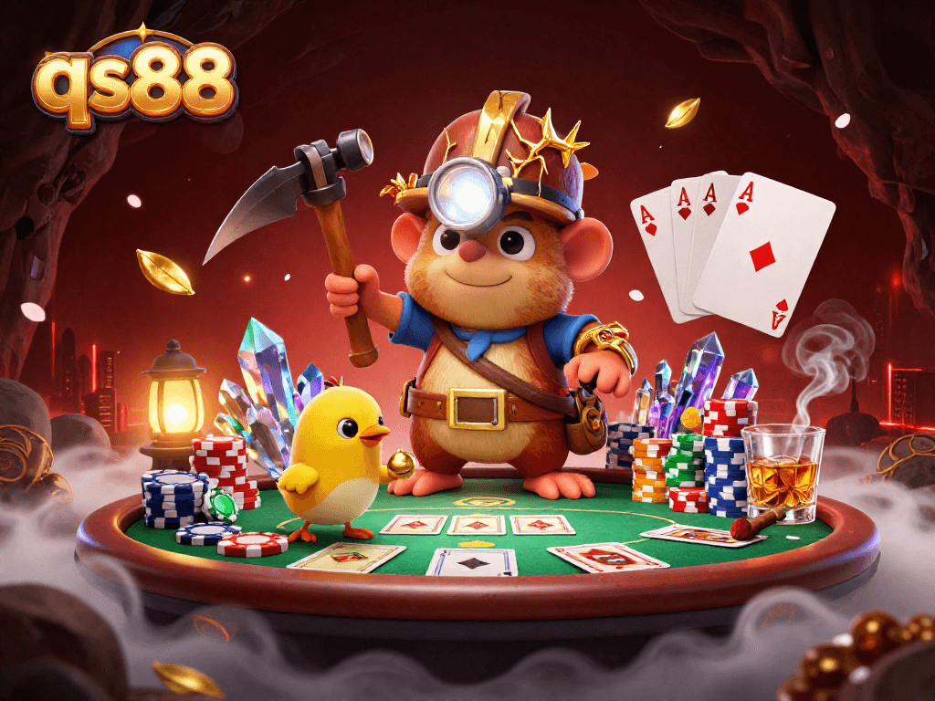 Wager at qs88 with vibrant poker action, showcasing a cartoon mole treasure hunting amid gold and poker elements.