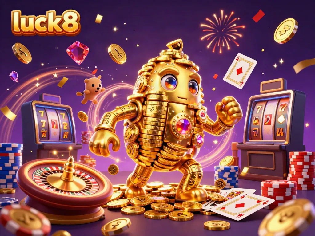 Luck8 brings excitement with a golden golem, dazzling coins, and dynamic gambling elements.