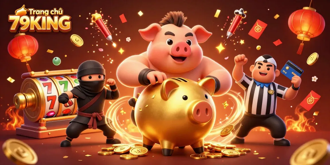 Experience the thrill of slots with Trang chủ 79KING's golden piggy bank and vibrant gaming elements.