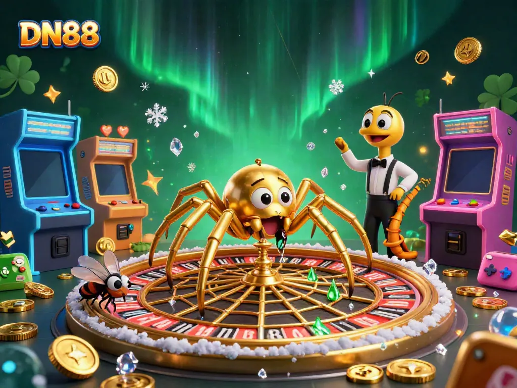Engaging DN88 themed scene with a golden spider and interactive gaming elements highlighting online gambling excitement.