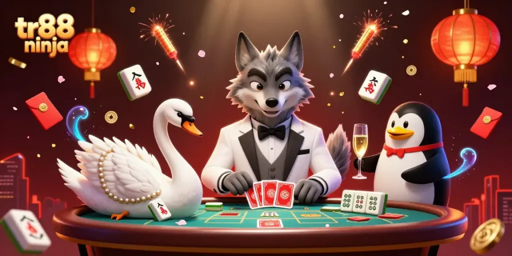 Experience thrilling baccarat action at TR88 Ninja with a debonair wolf and an elegant swan serving cards.