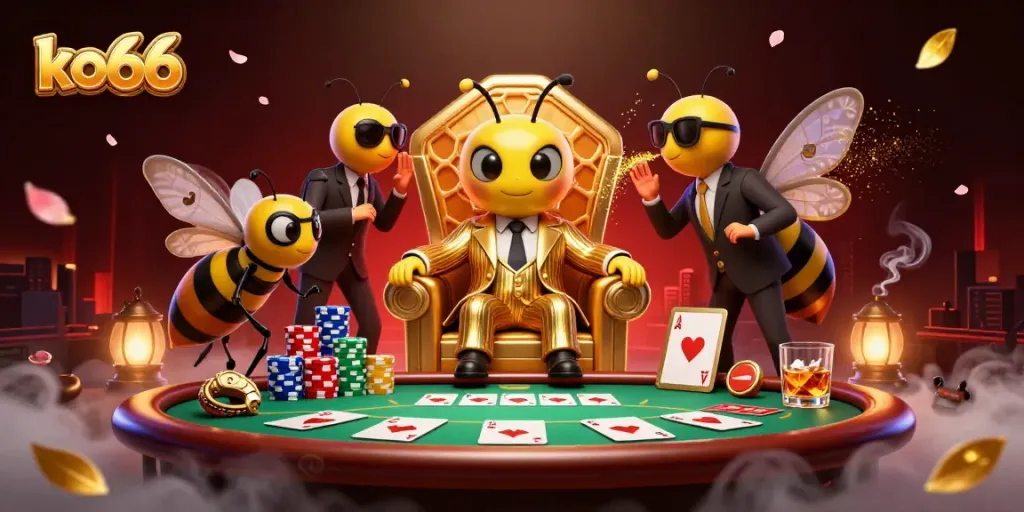 Experience the thrilling world of ko66 as players engage with vibrant casino elements, highlighted by a bumblebee mob boss character.