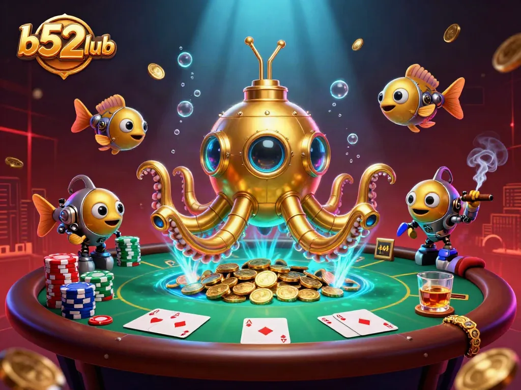 Engage in exciting gaming battles at b52club with a vibrant, underwater scene full of poker elements.