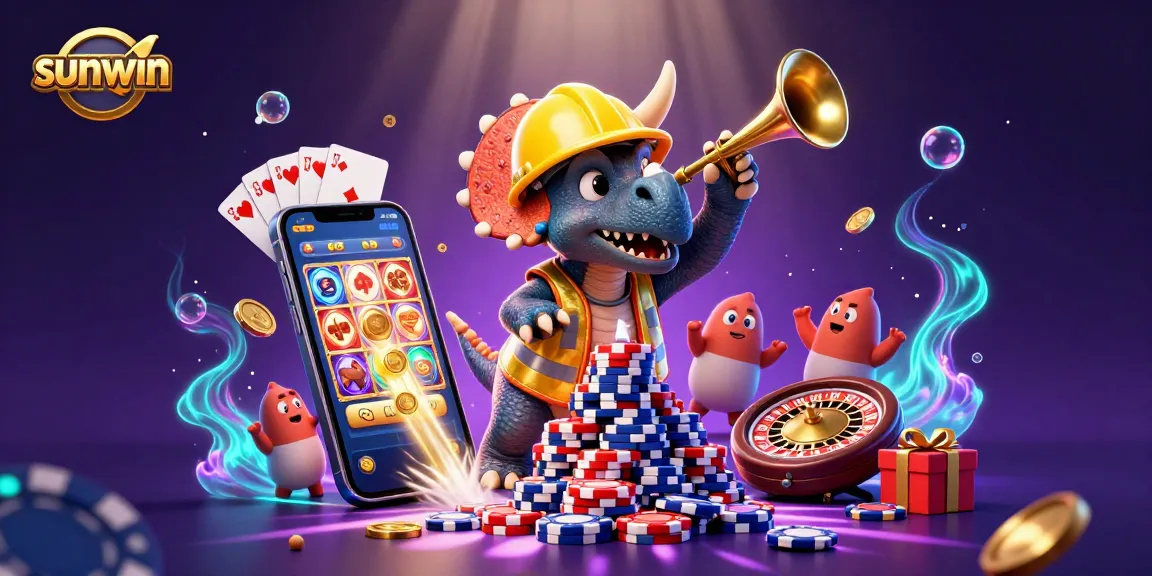sunwin 3D cartoon scene with triceratops building poker chips and colorful slot games, celebrating wins