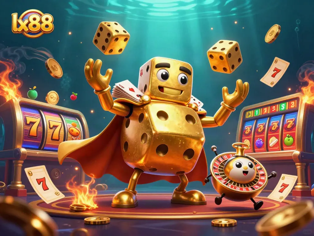 Engage with lx88 thrilling slots as a golden dice golem juggles winnings amidst vibrant casino elements.