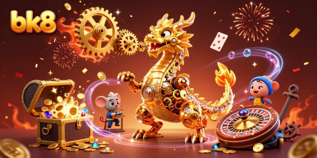 Experience exciting spins and wins at bk8 with dynamic casino action featuring a dragon and golden treasures.