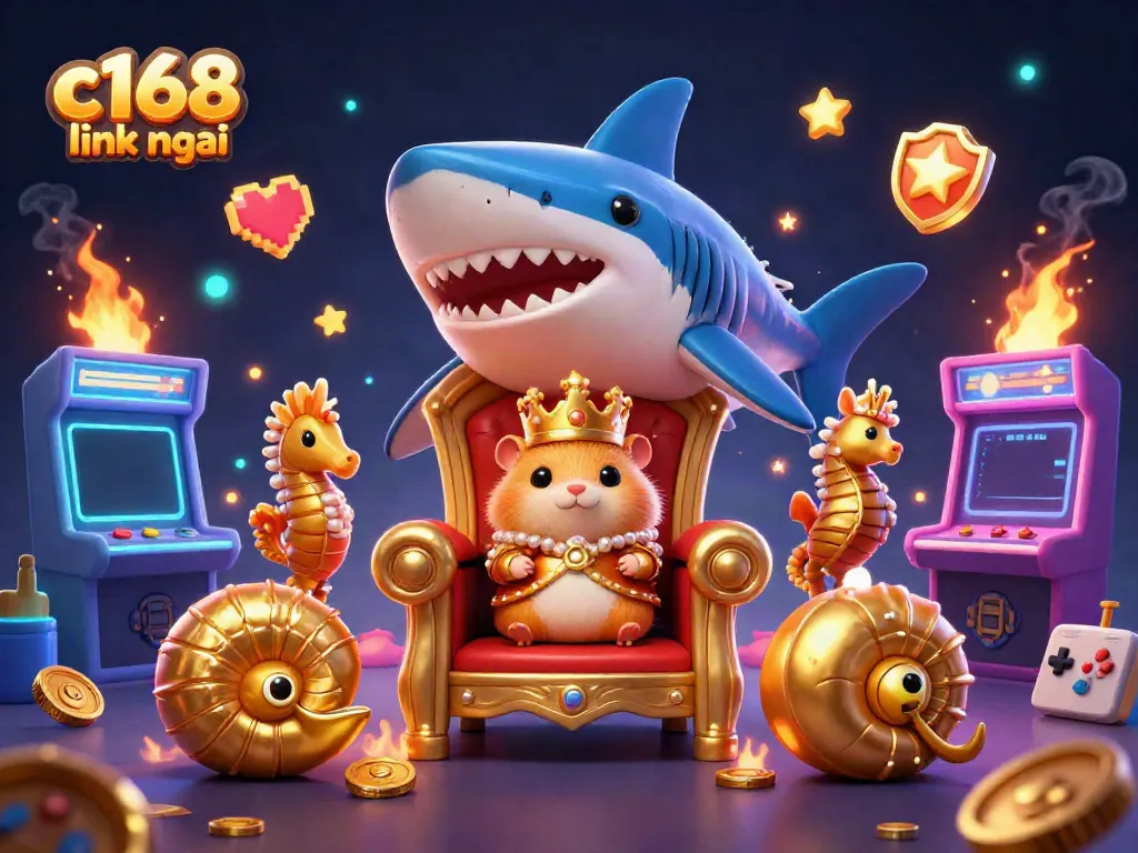 Engage with the vibrant c168 link mới scene showcasing an energetic golden hamster king and casino-themed decorations.
