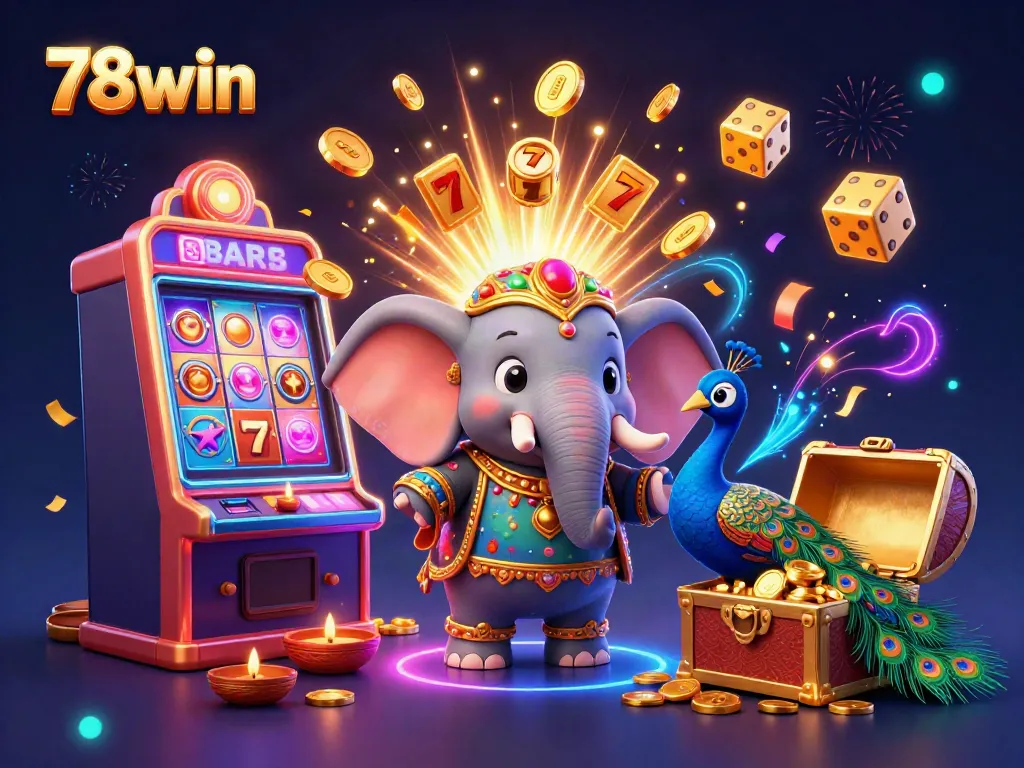 Experience thrilling wins at 78win with a vibrant slot scene featuring golden elephants and dynamic game elements.