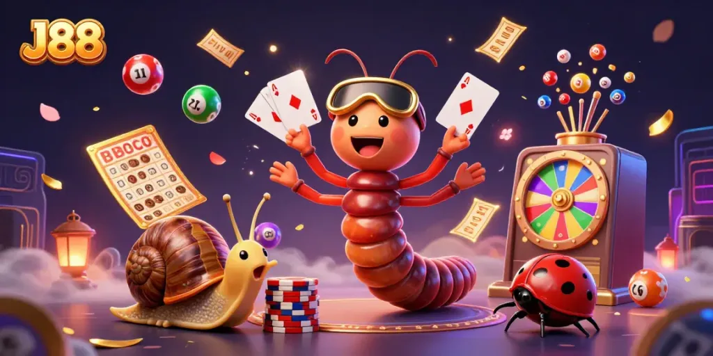 Experience J88 excitement as a millipede dealer showcases vibrant cards amidst a casino spectacle.