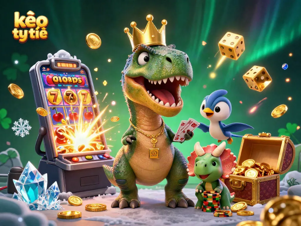 Engage with kèo trực tuyến in our 3D illustration featuring a T-Rex shuffling cards in a vibrant casino scene.
