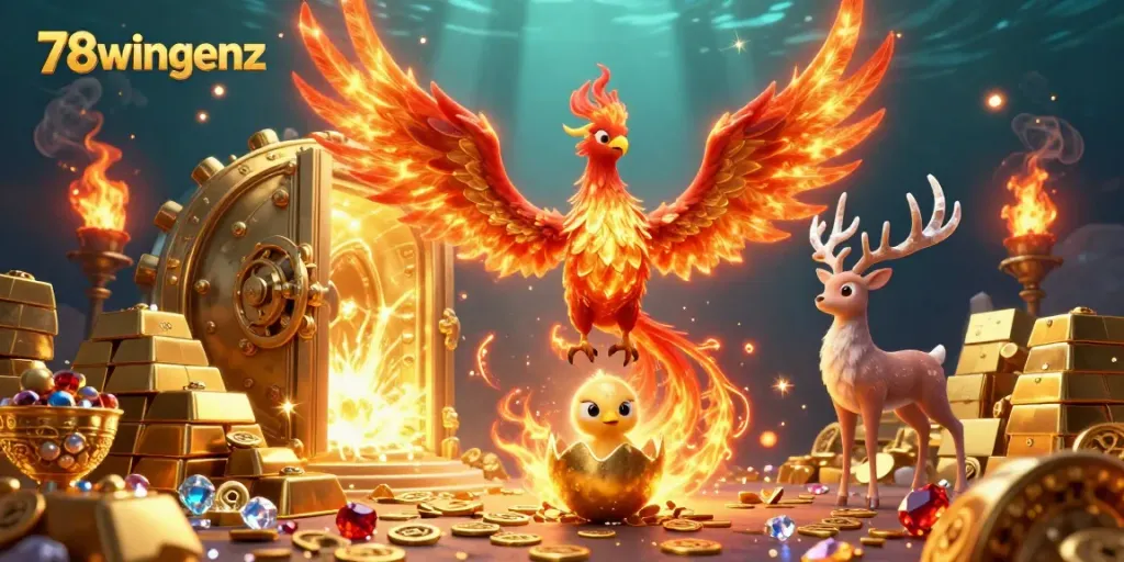 Engage with the vibrant scene of 78wingenz's 3D casino world, featuring dynamic characters and treasures.