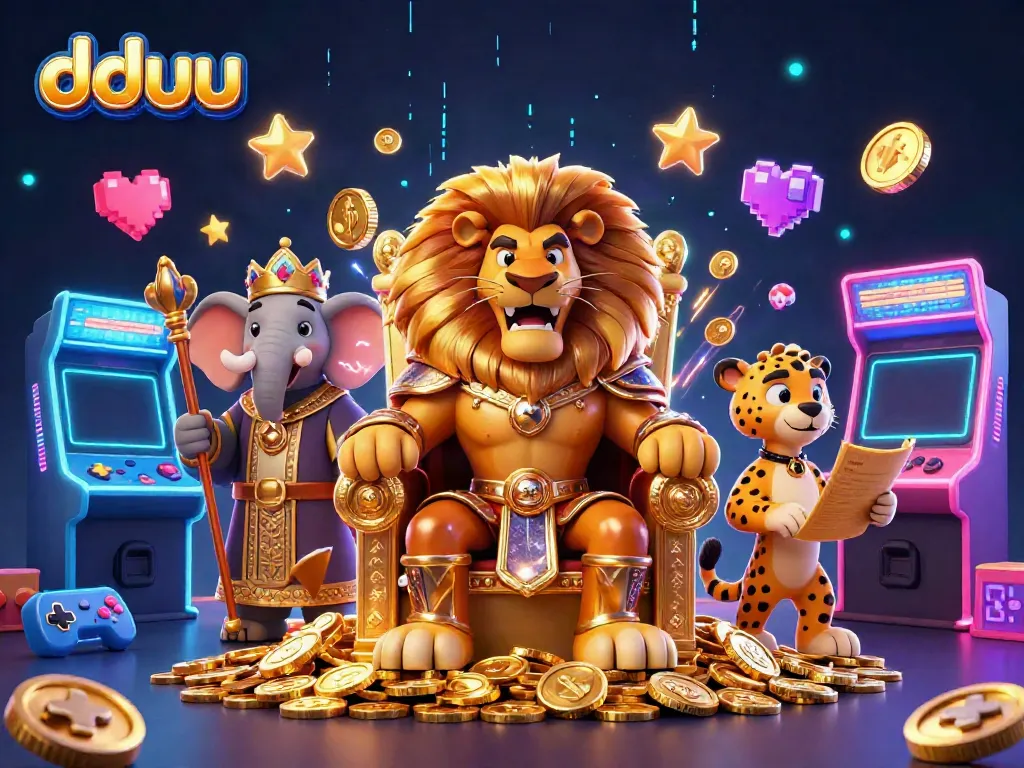 Experience the thrill with dduu as a lion king, wise elephant, and swift cheetah in a vibrant gaming scene.