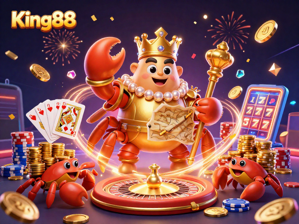 Experience King88 with excitement as the golden crab emperor leads a vibrant gambling scene filled with treasures.