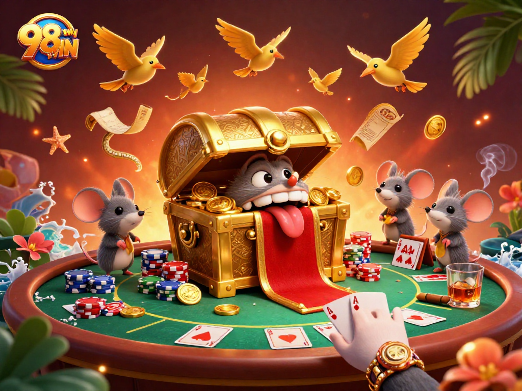 Join the excitement at 98WIN with a vibrant casino scene featuring iconic gaming elements.