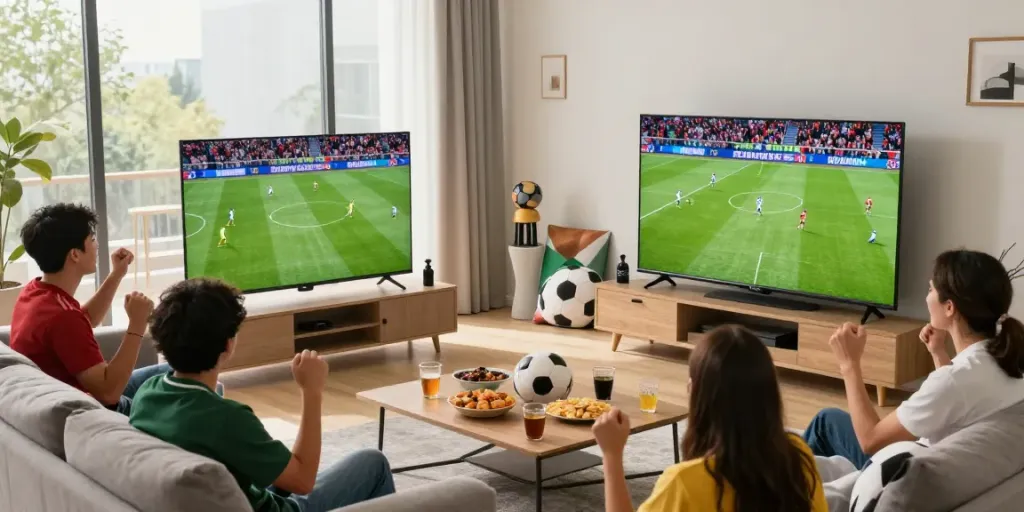 Fans enjoying live soccer match on cakhiatvvn.jpn.com in a lively atmosphere with snacks and excitement.
