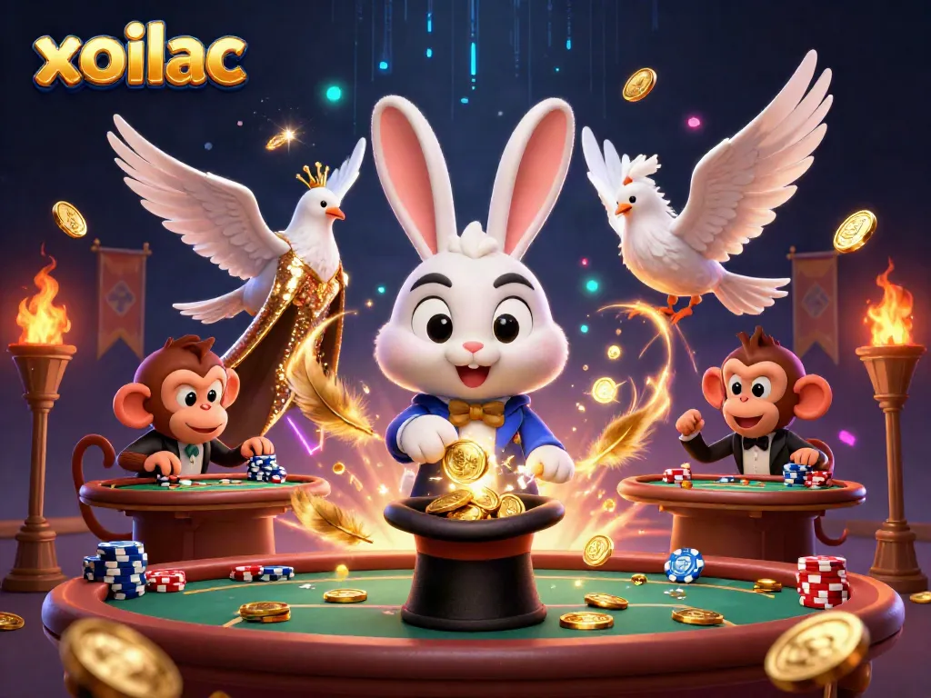 Xoilac showcases a whimsical scene featuring a magician rabbit, a dove, and a monkey with poker chips amid a dynamic casino setting.