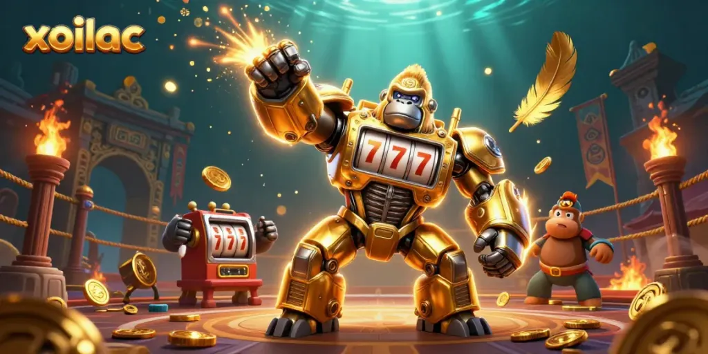 Experience thrilling gameplay with xoilac's golden gorilla mech in a captivating 3D casino world