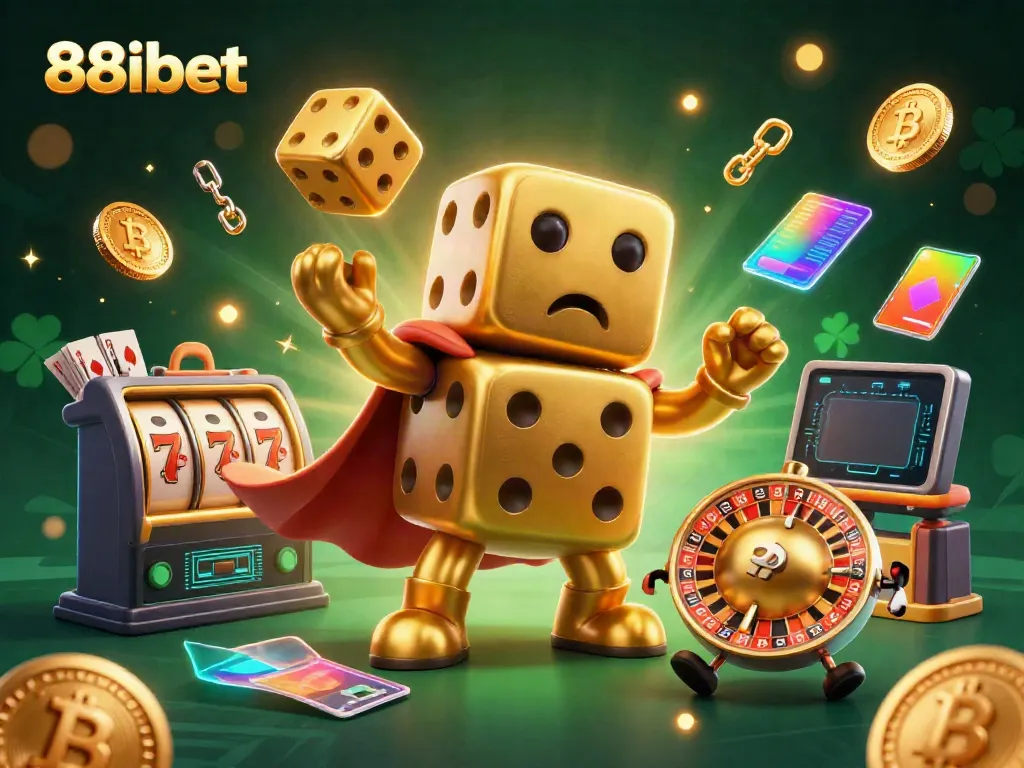 Experience winning gameplay on 88ibet with a vibrant casino scene featuring golden dice characters.
