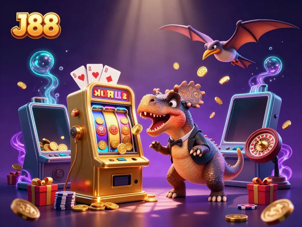 Experience thrilling J88 action as a dinosaur interacts with casino games, showcasing excitement and creativity.