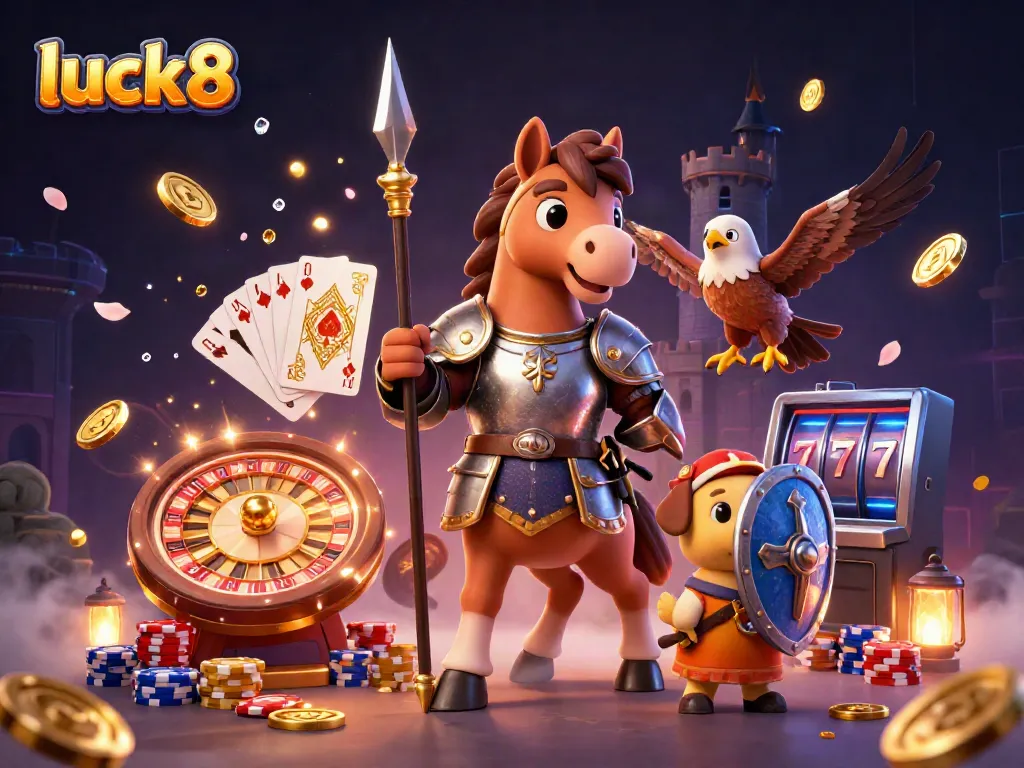 Experience the thrill of luck8 casino gaming with a knight, puppy, and falcon in a vibrant, dynamic scene.