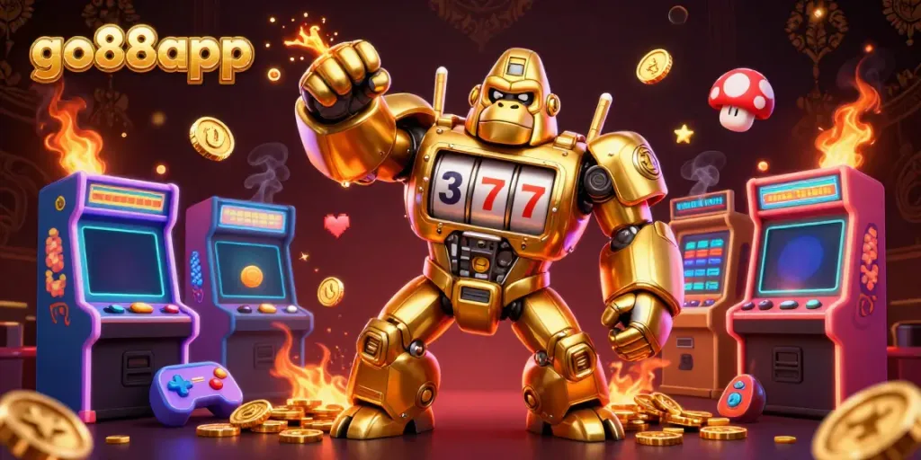 Experience exciting gameplay with go88app's vibrant casino scene featuring a golden gorilla mech and dynamic game elements.
