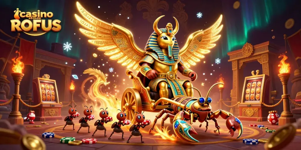 Spinning reels at casino uden om ROFUS featuring golden scarab and jeweled scorpions.