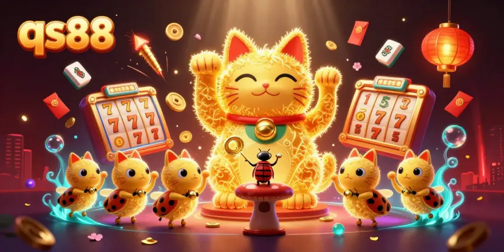 Engage with qs88's vibrant casino world through a dynamic illustration featuring a lucky cat and golden elements.