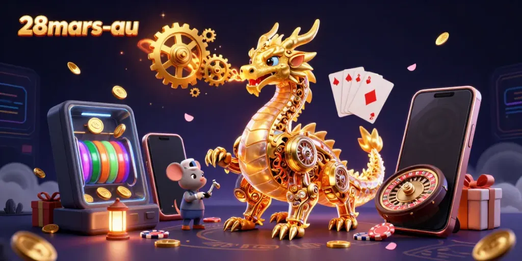 Experience the excitement of 28mars-au with a golden dragon and immersive casino games in vibrant detail.