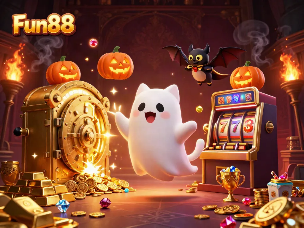 Experience Fun88 in a dynamic haunted casino scene with slot machines and treasure.
