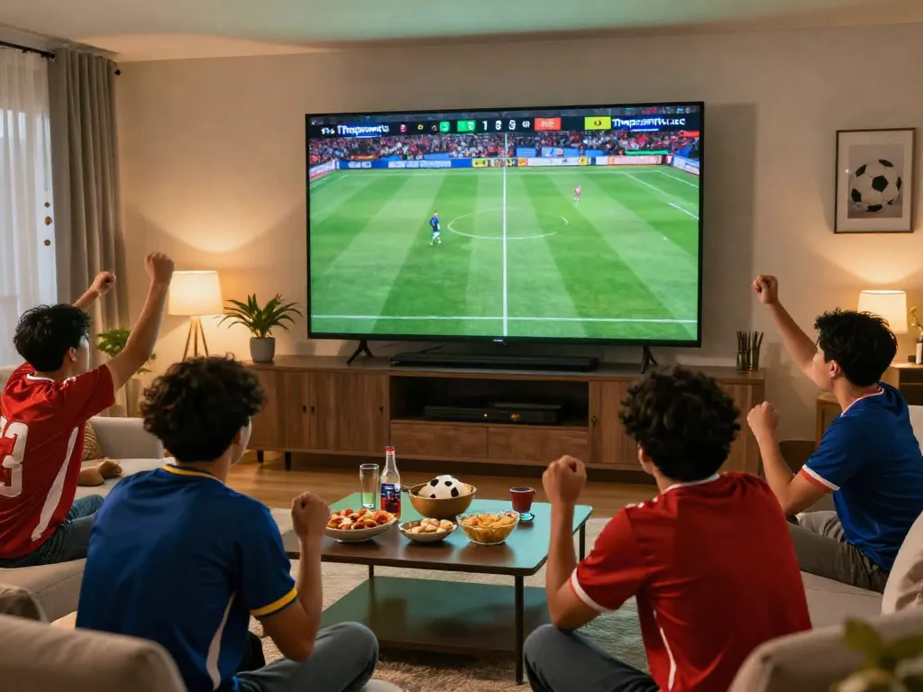 Fans enjoying a match while watching Thapcamtv.ac in a lively living room.