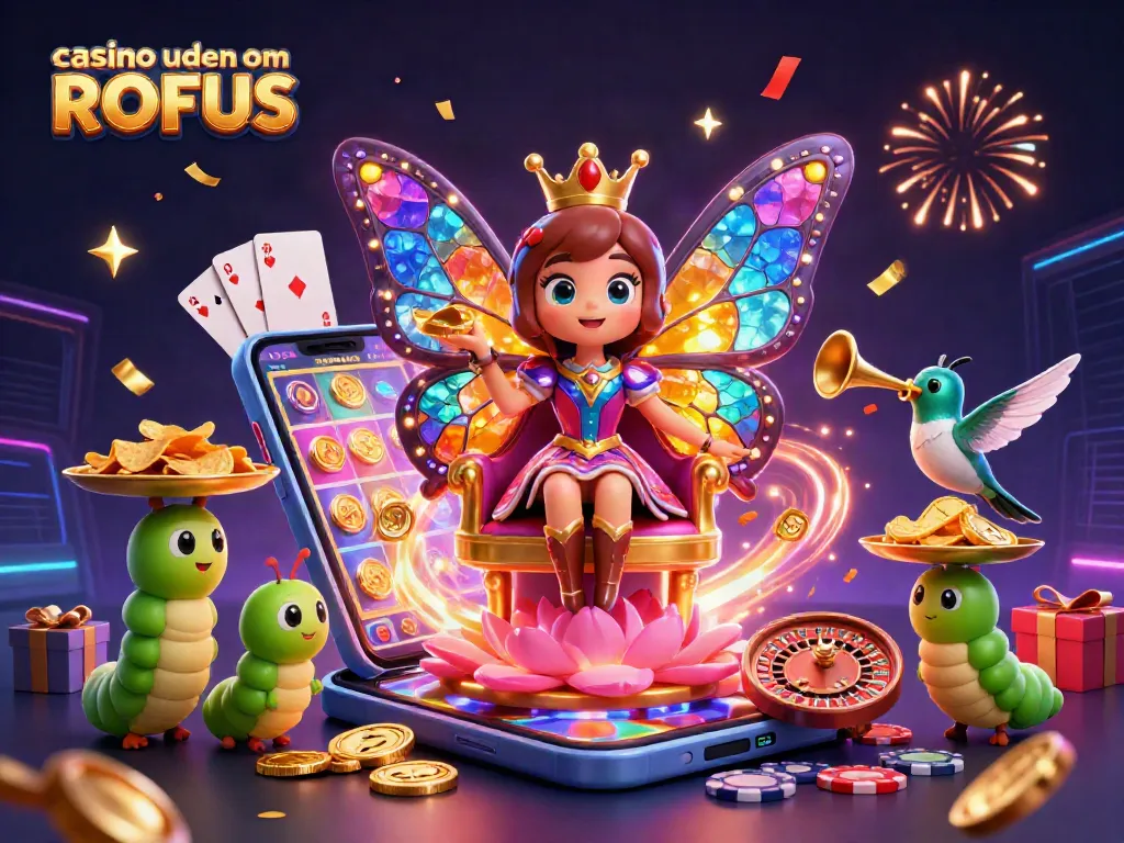 Experience casino uden om ROFUS with a vibrant butterfly queen illustration and dynamic gaming elements.