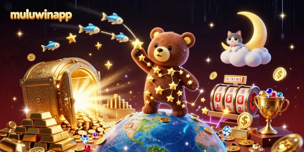 Muluwinapp showcases a constellation bear collecting coins in a lavish casino-themed Universe.
