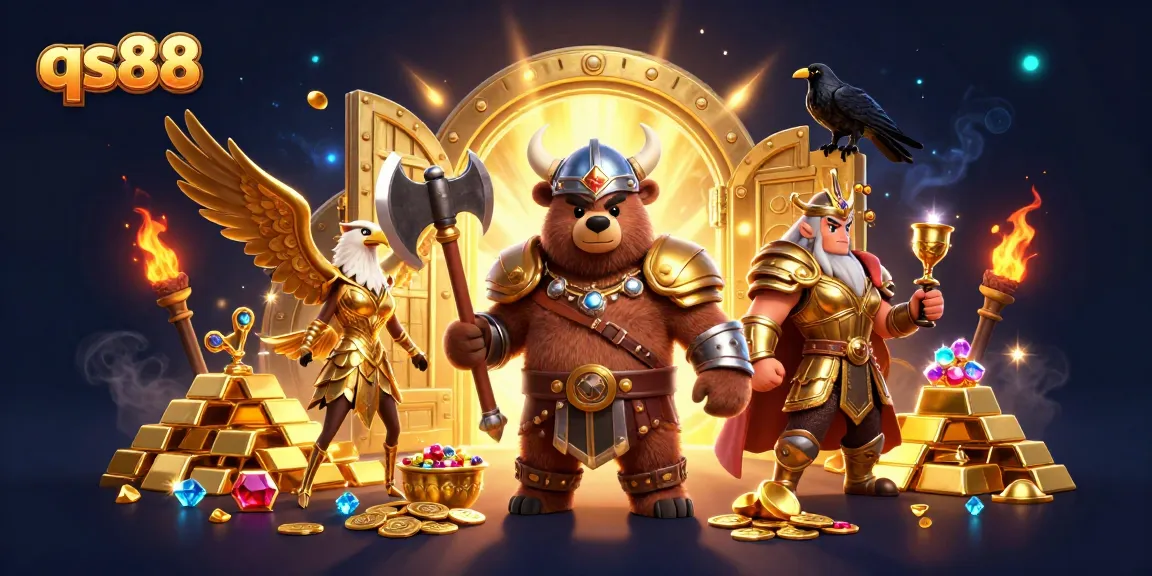 Experience thrilling slots with qs88 as fierce characters battle for treasures in a vibrant casino scene.