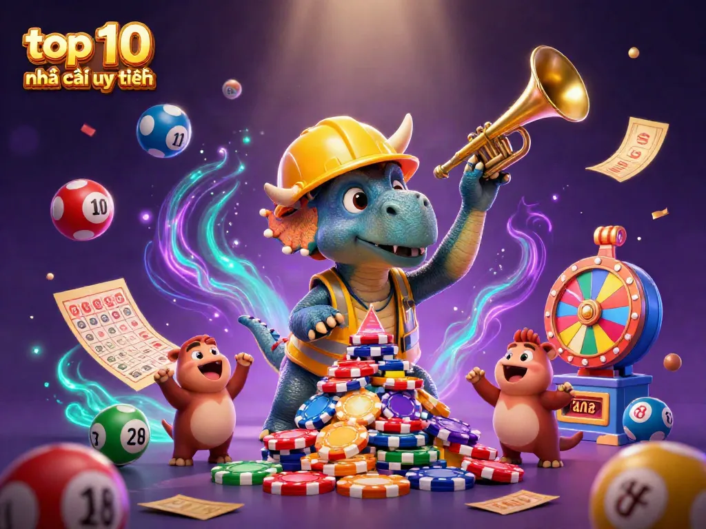 Engaging scene showcasing top 10 nhà cái uy tín with vibrant characters and dynamic casino elements like poker chips and lottery balls.