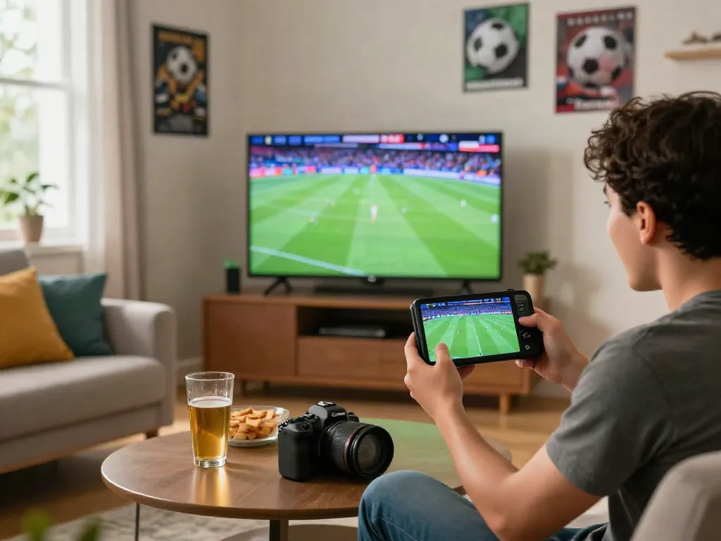 Catching live football action at home with gavangtv.life on the screen, vibrant match atmosphere.