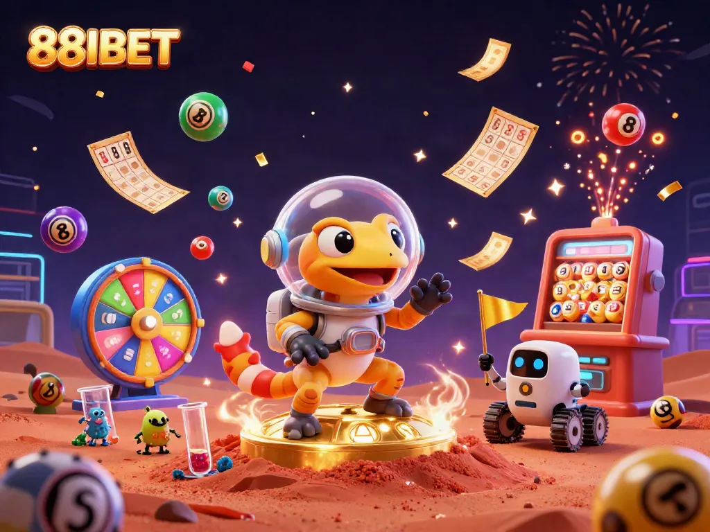 88IBET promotes immersive gaming with a Martian gecko discovering a golden casino amidst dynamic lottery excitement.