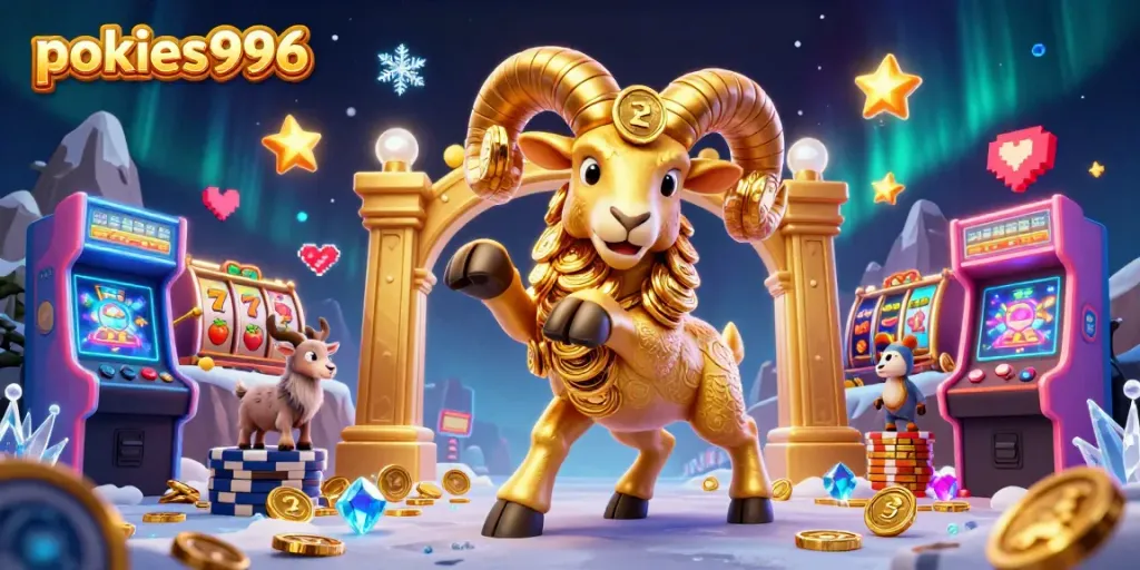 Experience thrilling gameplay with pokies996, featuring a massive golden ram charging amidst slot reels and arcade excitement.