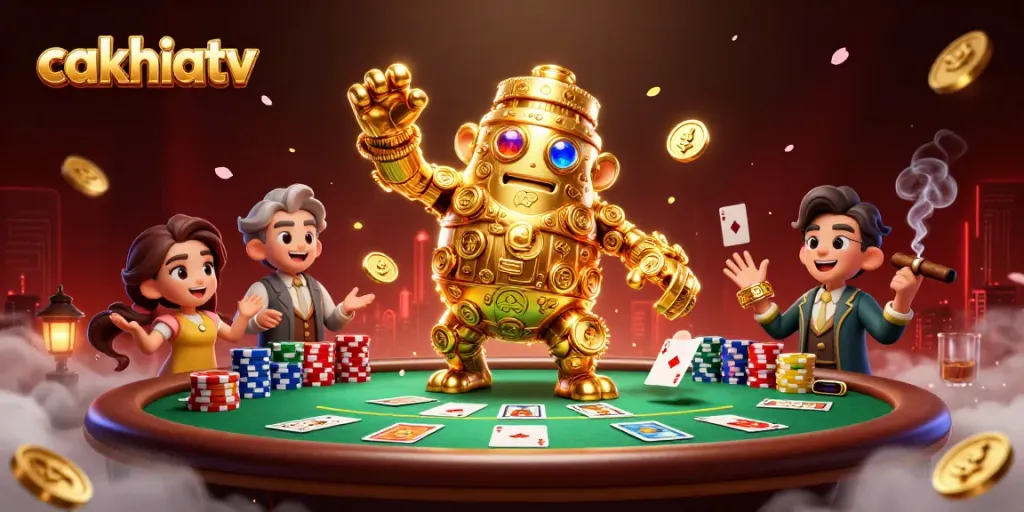 Cakhiatv captivating golden golem and poker elements create an exciting casino atmosphere.