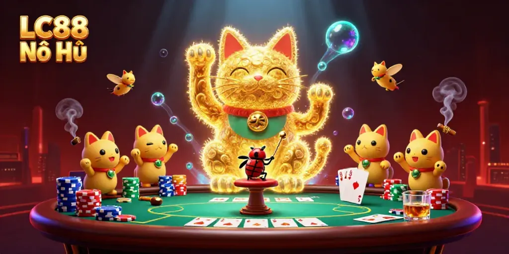 Experience the excitement of LC88 Nổ Hũ with a lucky cat surrounded by casino symbols and vibrant gaming elements.
