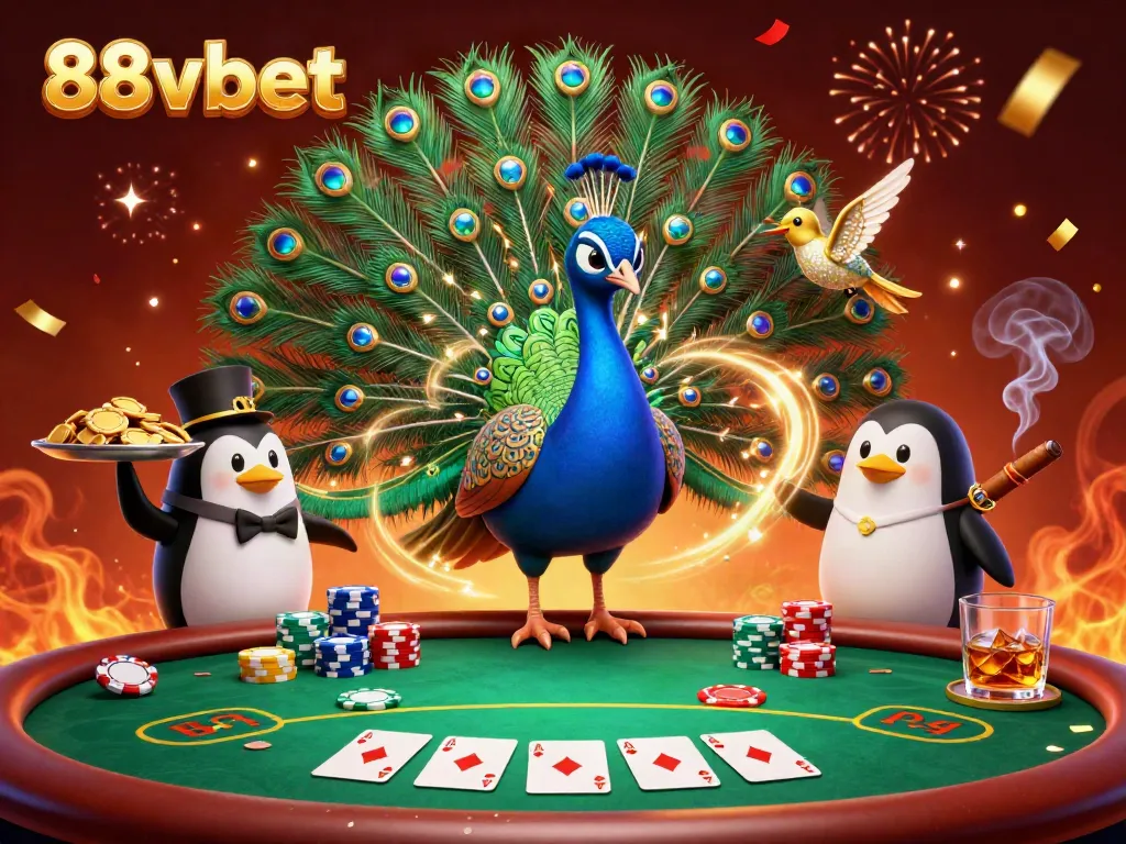 Experience high-stakes action at 88vbet with a lavish casino scene filled with poker elements.