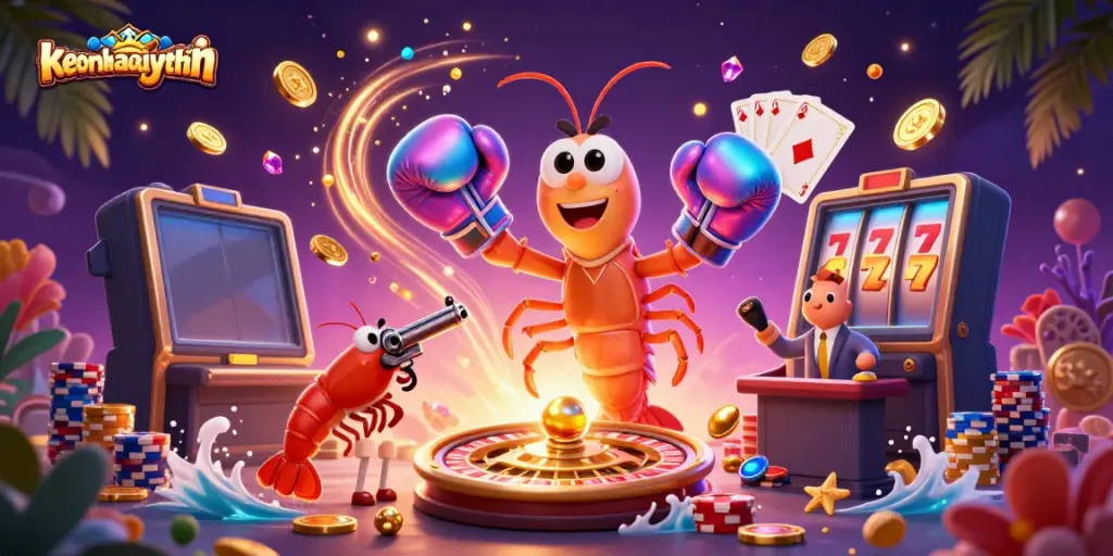 Experience the thrill of gaming with keonhacaiuytinn's animated shrimp characters, surrounded by vibrant casino elements.