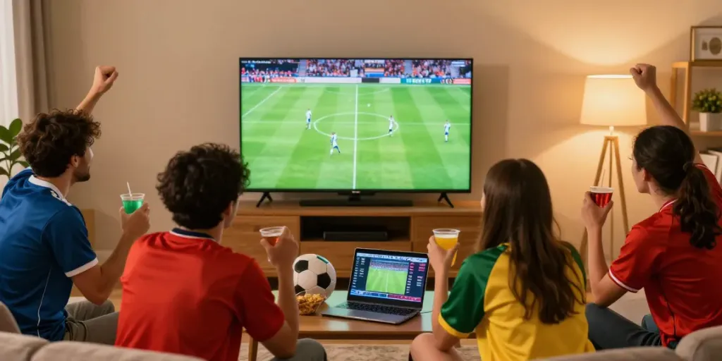 Group of friends enjoying a live football match on CakhiaTV, showcasing excitement and camaraderie.