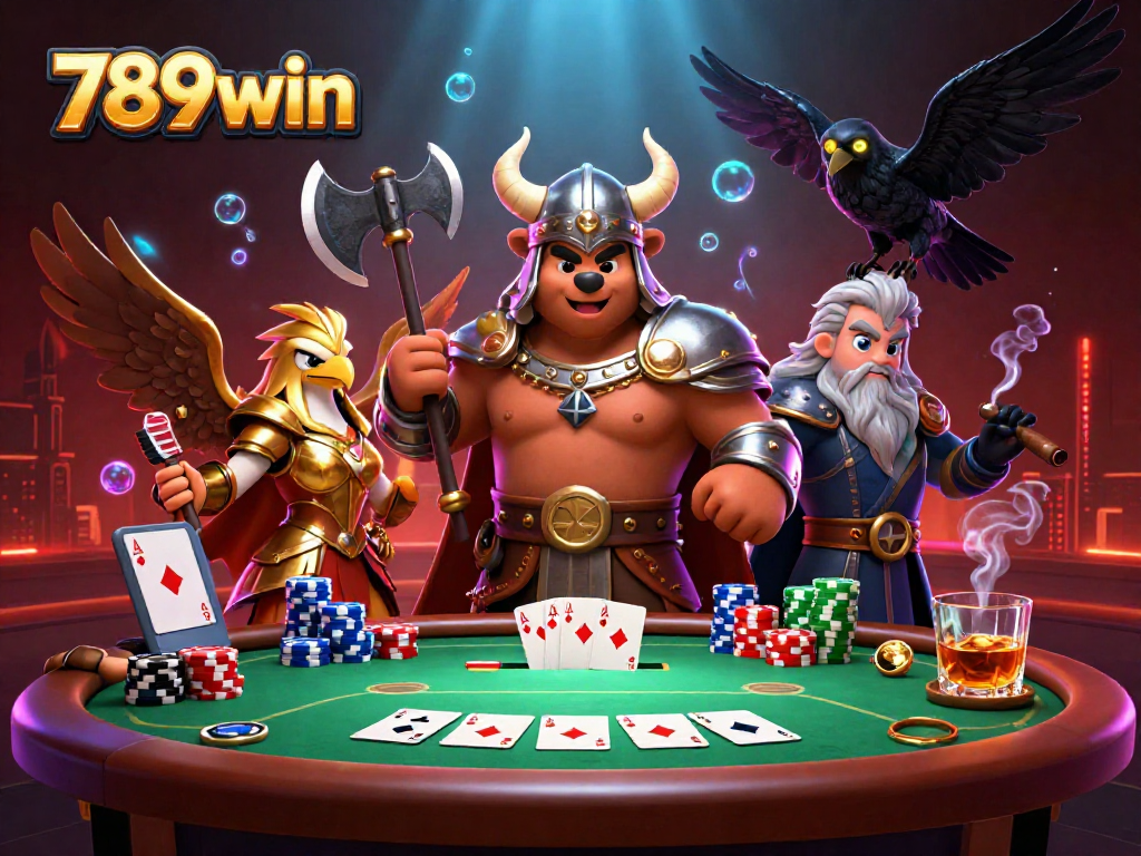 Place your bets with the 789win Viking bear, Valkyrie eagle, and poker elements in an exciting casino scene.