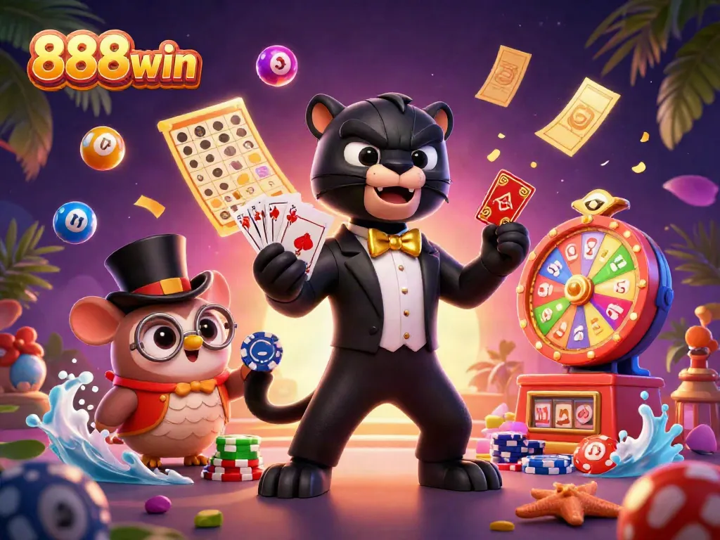Engage with 888win in a vibrant casino scene featuring a stylish panther dealer, owl, and lucky mouse with dynamic elements.