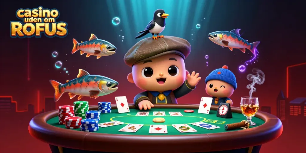 Win at casino uden om ROFUS with playful characters and vibrant casino elements in a rich 3D scene.