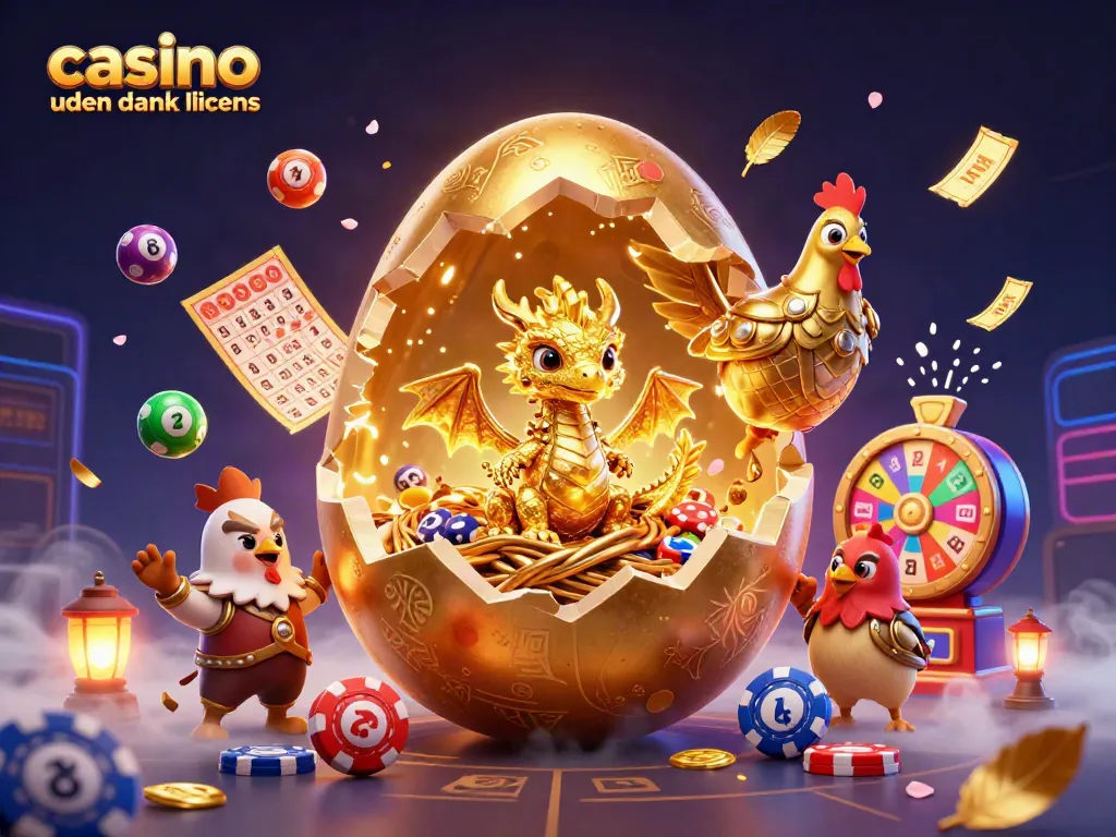 Experience the vibrant action at a casino uden dansk licens with a golden dragon, poker chips, and lottery excitement.
